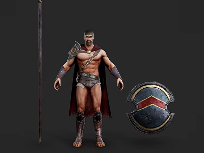 Muscular Man in Spartan Warrior Costume With Spear and Shield 3d model