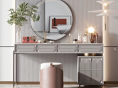 Elegant Modern Dressing Table Interior With Round Mirror Green Plant Decorative Items And Stool 3d model