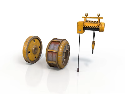 Heavy Duty Industrial Crane Equipment With Yellow Pulley And Cable Drum Wheels 3d model