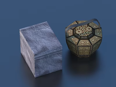 Textured Gray Storage Box And Decorative Lantern With Intricate Patterns 3d model
