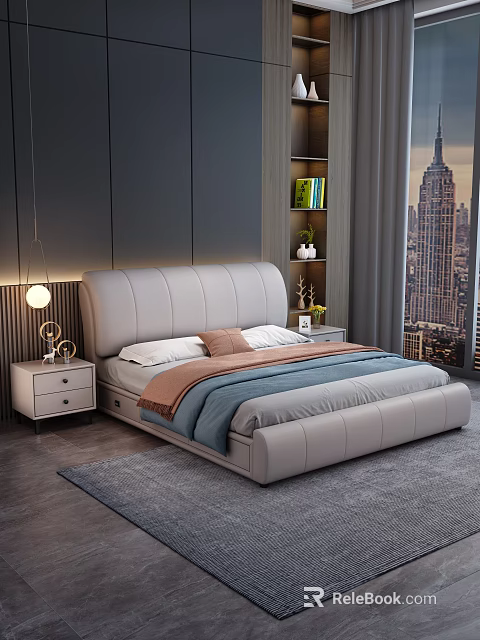 Modern Double Bed with Gray Headboard Blue Bedding Nightstand Lamp Bookshelf and City Night View 3d model 