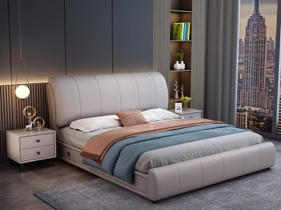 Modern Double Bed with Gray Headboard Blue Bedding Nightstand Lamp Bookshelf and City Night View 3d model