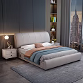Modern Double Bed with Gray Headboard Blue Bedding Nightstand Lamp Bookshelf and City Night View