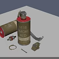 Military Smoke Grenade With Red Base And Scattered Metal Parts On Surface