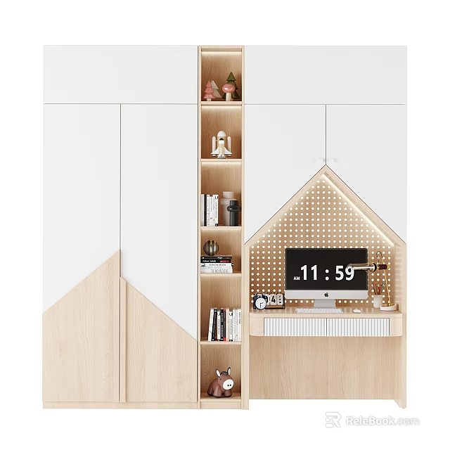White and Wooden Wardrobe with Small House Shaped Compartments Bookshelf Computer and Decorations 3d model 