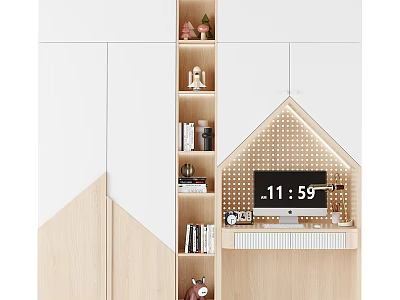 White and Wooden Wardrobe with Small House Shaped Compartments Bookshelf Computer and Decorations 3d model