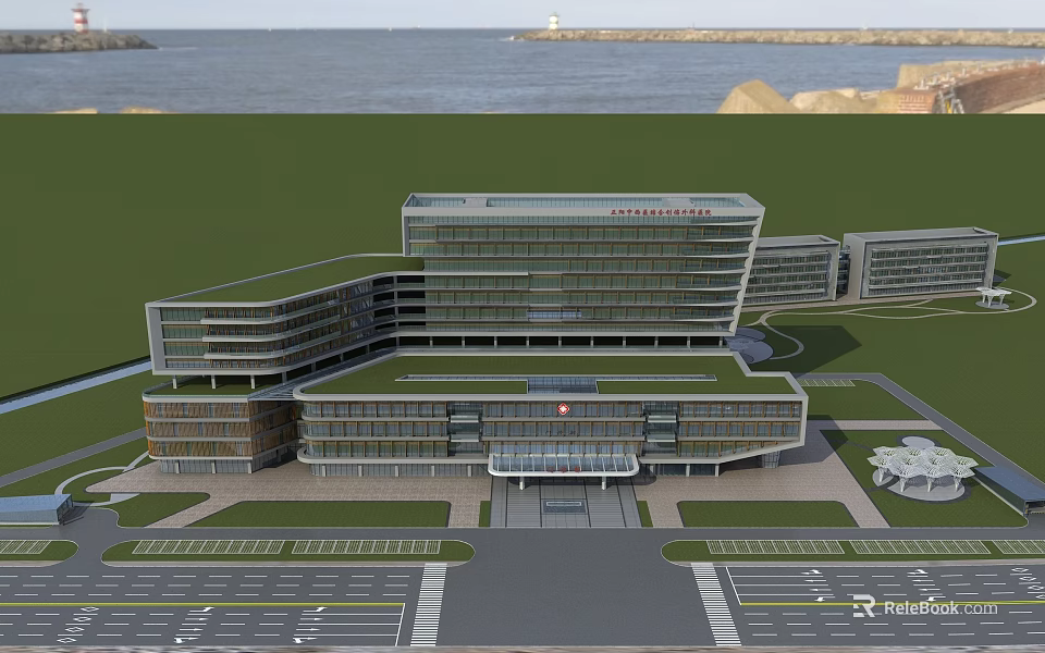 Modern Coastal Hospital Building With Green Roof Parking Area And Main Entrance 3d model 