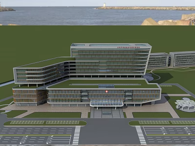 Modern Coastal Hospital Building With Green Roof Parking Area And Main Entrance 3d model