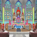 Ancient Church Architecture Interior With Stained Glass Windows And Altar Pews
