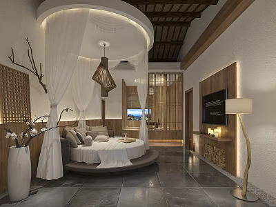 Hotel Guest Room Featuring Round Bed White Canopy Wooden Decor And Modern Lighting 3d model