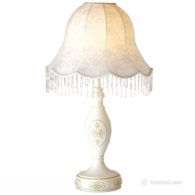 White Table Lamp with Decorative Pattern on Base and Elegant Lace Lampshade Adorned with Fringes 3d model 