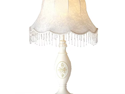 White Table Lamp with Decorative Pattern on Base and Elegant Lace Lampshade Adorned with Fringes 3d model