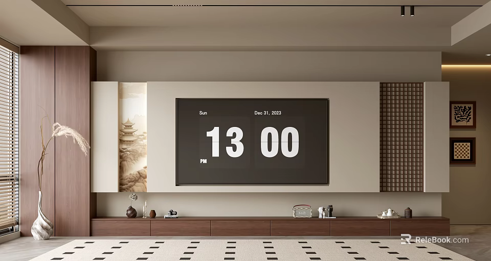 Modern Minimalist Background Wall Design With TV Screen Showing Time Date And Wooden TV Cabinet 3d model 