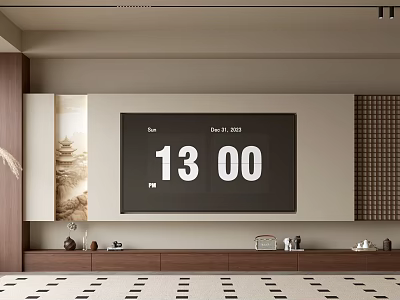 Modern Minimalist Background Wall Design With TV Screen Showing Time Date And Wooden TV Cabinet 3d model