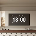 Modern Minimalist Background Wall Design With TV Screen Showing Time Date And Wooden TV Cabinet