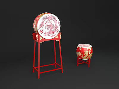 Large And Small Traditional Chinese Drums With Dragon Patterns On Red Stands 3d model