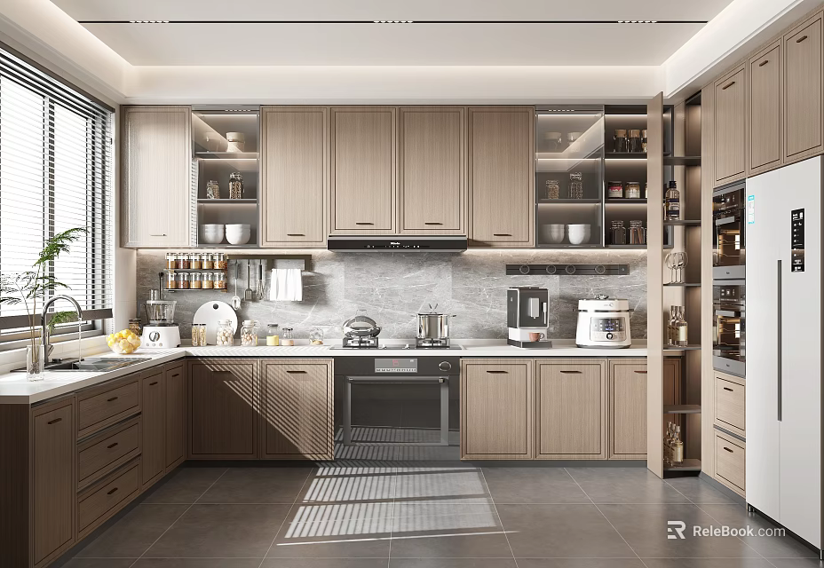 Modern Kitchen Interior With Light Wood Cabinets Windows Sink Oven And Coffee Machine 3d model 