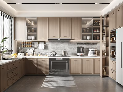 Modern Kitchen Interior With Light Wood Cabinets Windows Sink Oven And Coffee Machine 3d model