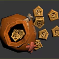 Open Orange Treasure Bag With Red Cross Design Spilled Gold Coins And Stacked Gold Blocks