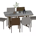 Marble Top Dining Table Set with Gray and Brown Chairs and Decorative Vase 3d model