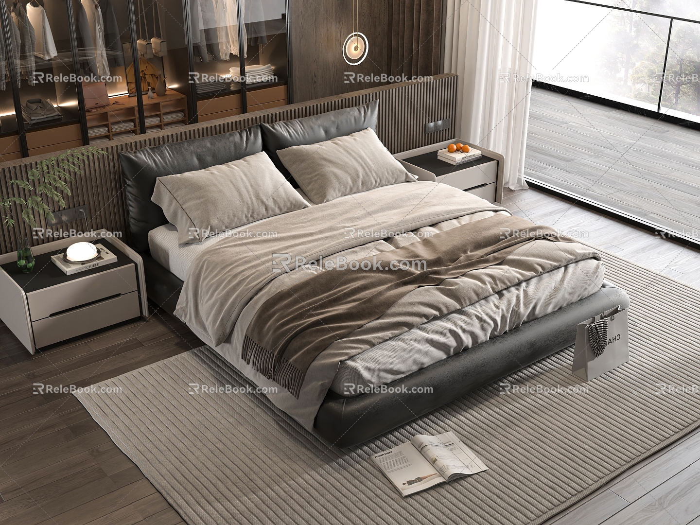 Minotti Double Bed Bedroom Glass Wardrobe Nightstand 3d model