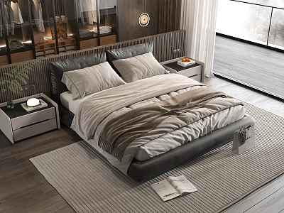 Modern Double Bed With Cozy Bedding Wooden Wall Nightstands And Large Window 3d model