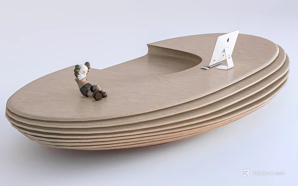 Wooden Bar Counter With Modern Layered Design And Tablet Stand On Smooth Surface 3d model 