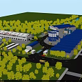 Industrial Factory Layout With Blue Roof Buildings Green Trees Roads And Orange Cranes