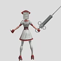 Nurse Character in Uniform Holding Large Syringe and Medicine Bottle with White Cross Head Cloth