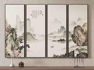 Four Panel Traditional Chinese Landscape Paintings With Mountains Rivers Boats And Calligraphy 3d model