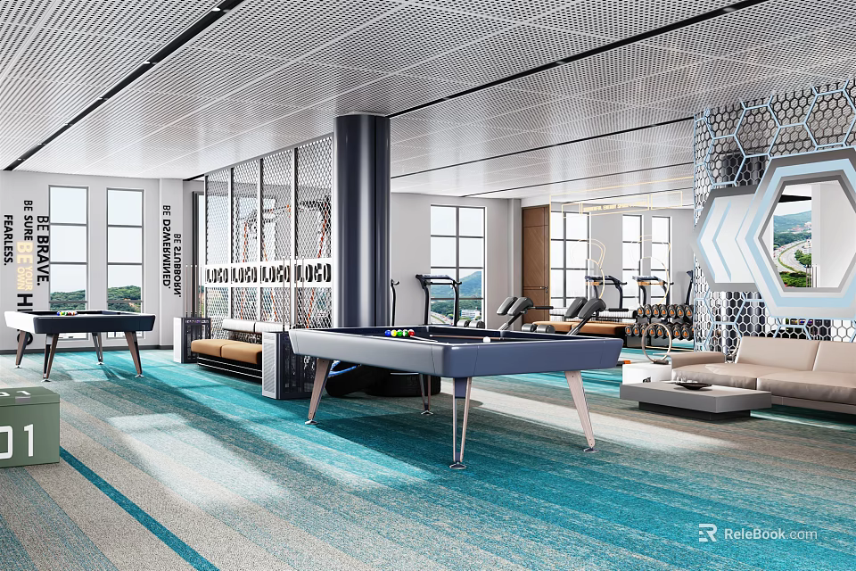 Modern Billiard Room Interior With Billiard Table Gym Equipment And Teal Carpet 3d model 