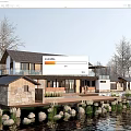 Rural Self Built House With Waterfront Stone Walls Wooden Balcony And Trees