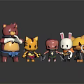 Colorful Cartoon Animal Character Figurines Featuring Unique Costumes And Accessories On Dark Reflective Background