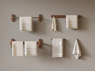 Bathroom Accessories Wooden Towel Bars With White Towels On Gray Wall 3d model