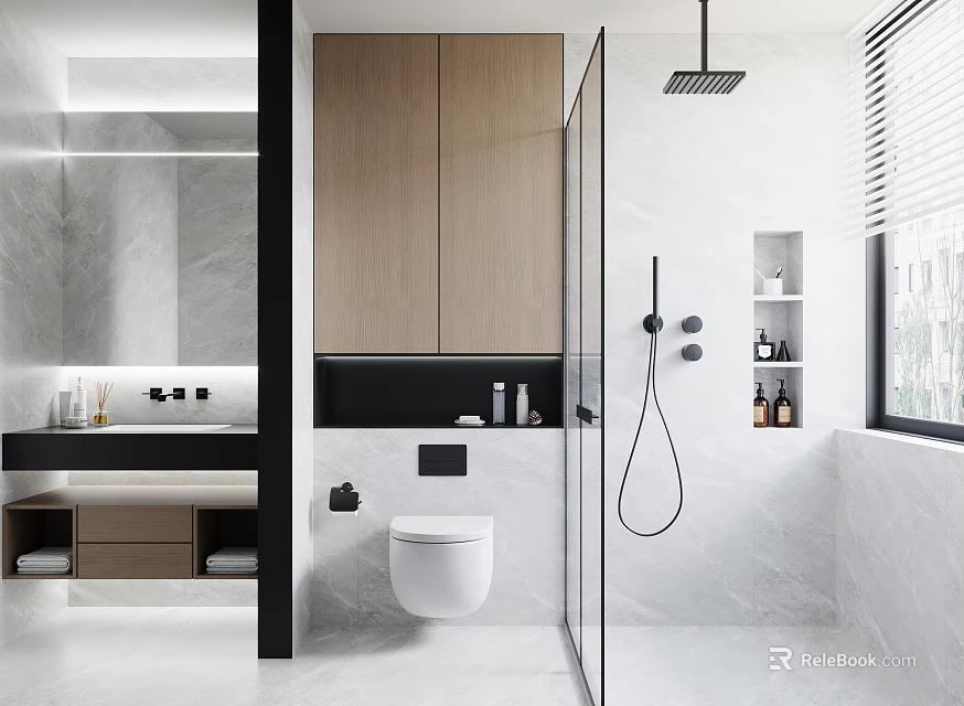 Modern Bathroom Interior Design With Wooden Cabinets Glass Shower And Marble Walls 3d model 