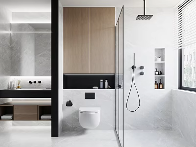 Modern Bathroom Interior Design With Wooden Cabinets Glass Shower And Marble Walls 3d model