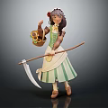Floral Haired Female Character With Sunflowers Holding Scythe And Flower Basket Wearing Green White Dress