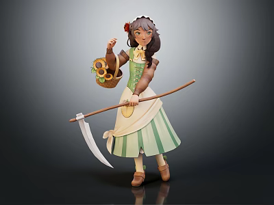 Floral Haired Female Character With Sunflowers Holding Scythe And Flower Basket Wearing Green White Dress 3d model