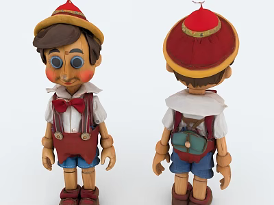 Wooden Puppet Front and Back Views With Red Hat Suspenders Bow Tie and Backpack 3d model
