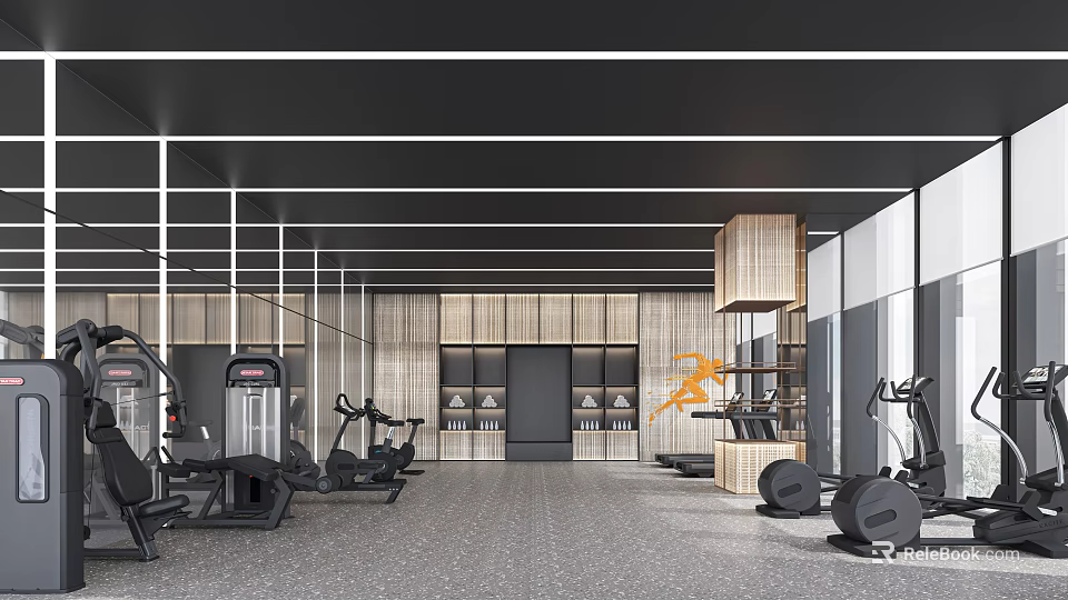 Modern Open Gym With Treadmills Dumbbells Wooden Walls And Gray Flooring Design 3d model 