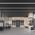 Modern Open Gym With Treadmills Dumbbells Wooden Walls And Gray Flooring Design