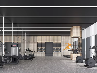 Modern Open Gym With Treadmills Dumbbells Wooden Walls And Gray Flooring Design 3d model
