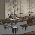 Elegant Tea Room Interior with Long Wooden Table Tea Sets Stone Base and Bamboo Screen