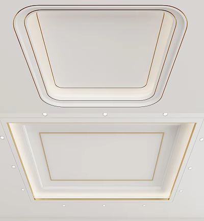Modern White Ceiling Design With Gold Decorative Trim And Recessed Lights 3d model