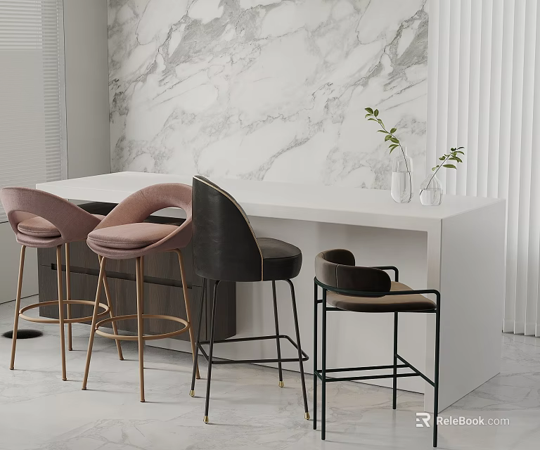 Stylish Modern Bar Stools With Metal Legs At White Counter Marble Wall And Potted Plant 3d model 