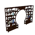 Traditional Chinese Carved Wooden Curio Shelf With Circular Arch And Blue White Porcelain Vases