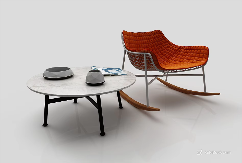 Stylish Orange Woven Leisure Chair with Round Marble Coffee Table and Bowls 3d model 