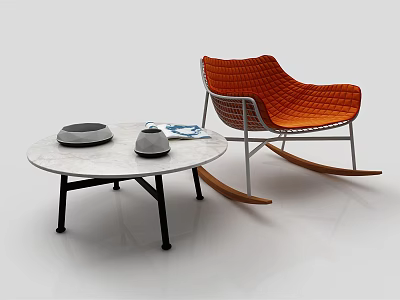 Stylish Orange Woven Leisure Chair with Round Marble Coffee Table and Bowls 3d model