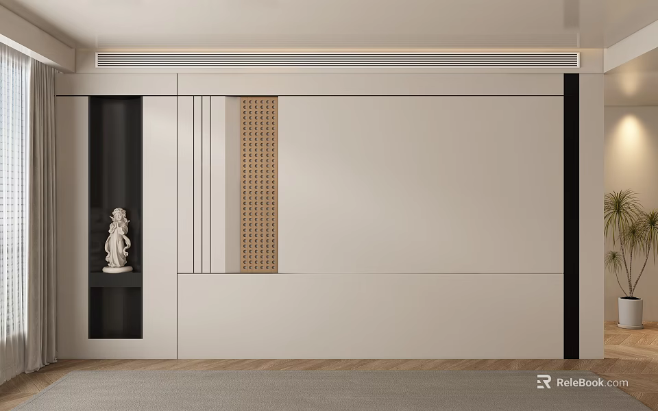Modern Sofa Background Wall Design With White Panel Black Accent And Small Statue Decor 3d model 