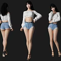 Woman Wearing White Cropped Long Sleeve Top And Blue Denim Shorts With Black High Heels